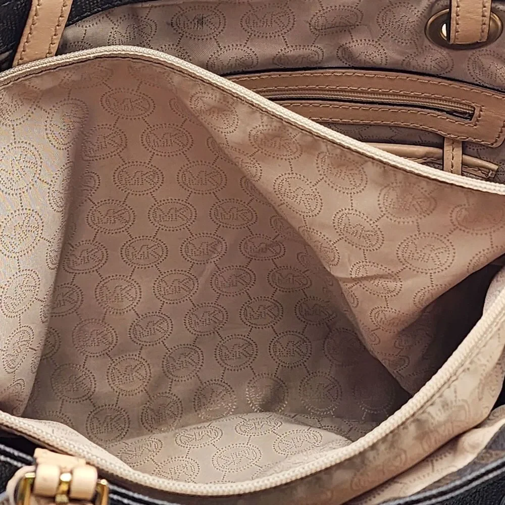 Michael Kors Coated Canvas Monogram MK Leather Trim Large Tote Bag Brown